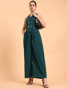 Women Halter Double Breasted Vest With Inverted Pleated Green Co-Ords Set In Stretch Fabric