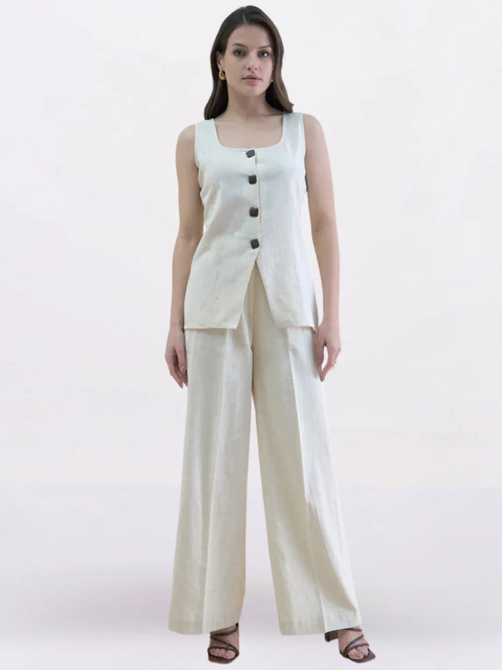 Women Beige U-Neck Linen Blend Tailored Waistcoat with Straight Fit Co-Ord set