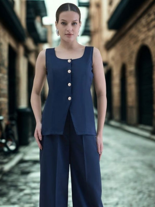 Women U-Neck Straight Fit Waistcoat And Trouser