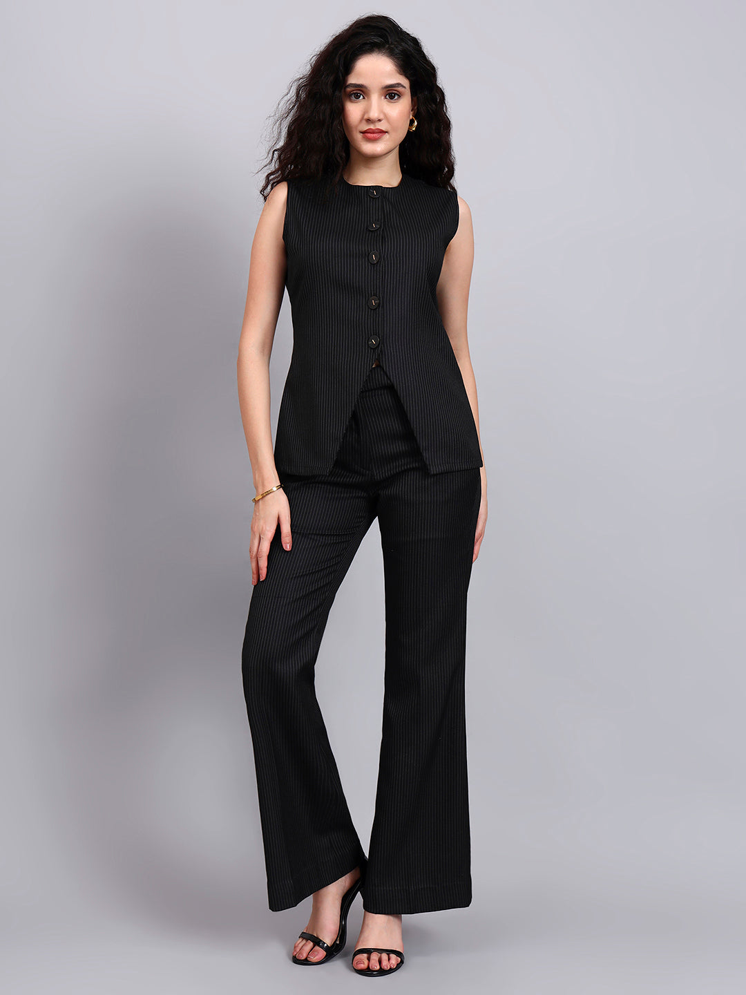 Black Pinstriped Co-Ord Set With Sleek Tailored Flair