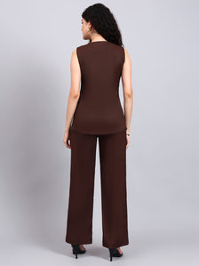 Stretch Brown Sleeveless Co-Ord Set with Tailored Button-Down Top and Semi-Flared Trousers