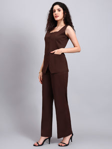 Stretch Brown Sleeveless Co-Ord Set with Tailored Button-Down Top and Semi-Flared Trousers