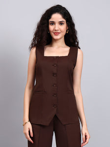 Stretch Brown Sleeveless Co-Ord Set with Tailored Button-Down Top and Semi-Flared Trousers
