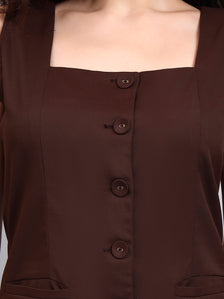 Stretch Brown Sleeveless Co-Ord Set with Tailored Button-Down Top and Semi-Flared Trousers
