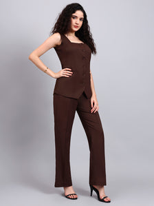 Stretch Brown Sleeveless Co-Ord Set with Tailored Button-Down Top and Semi-Flared Trousers