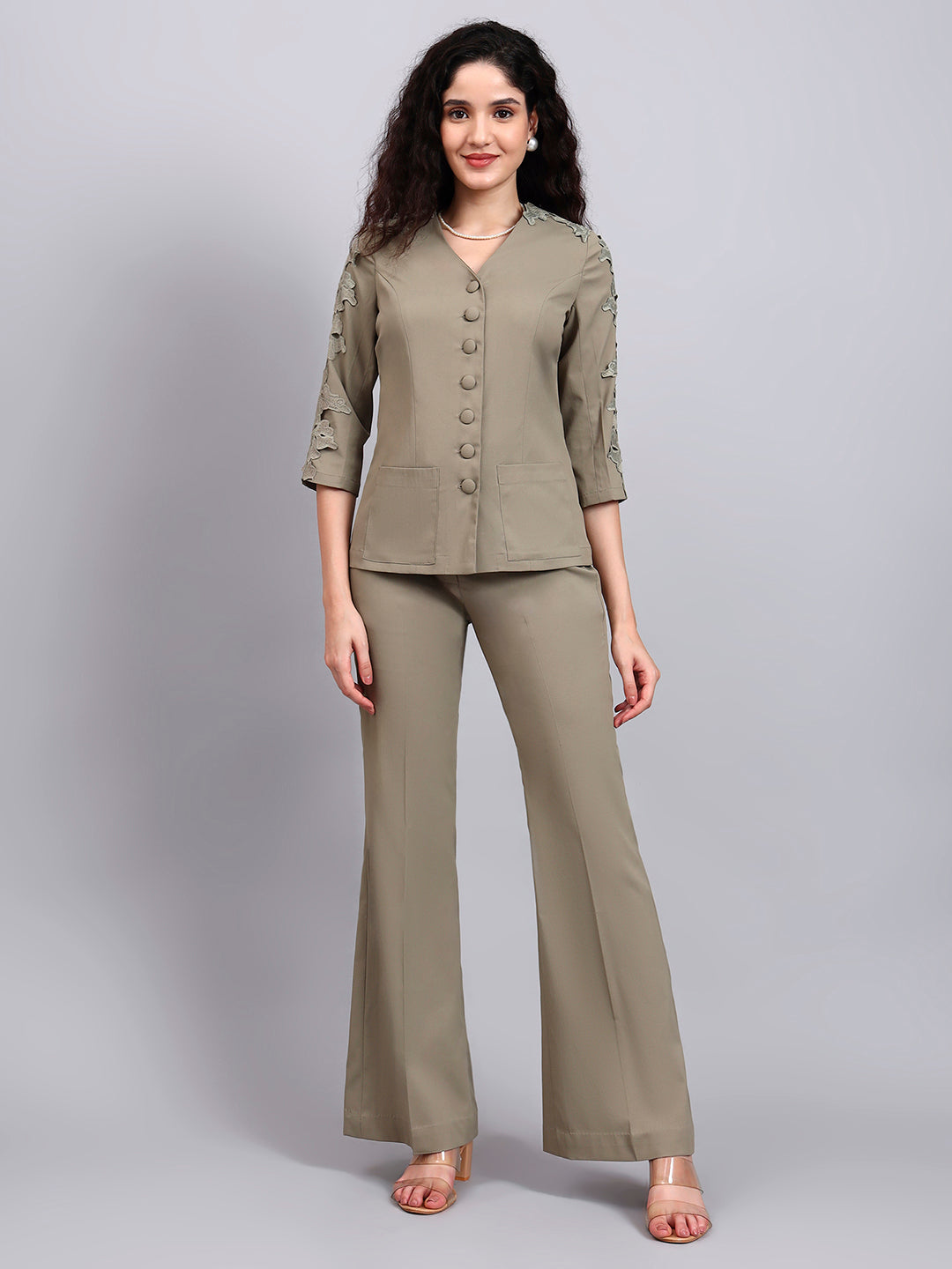 Sage Green Stretch Co-Ord Set Featuring Button-Down Top and Loose-Fit Trousers