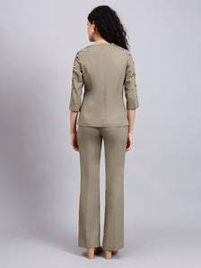 Sage Green Stretch Co-Ord Set Featuring Button-Down Top and Loose-Fit Trousers