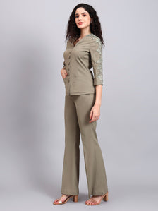 Sage Green Stretch Co-Ord Set Featuring Button-Down Top and Loose-Fit Trousers