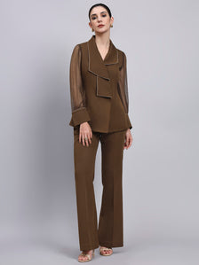 Tailored brown Co-Ord Set Featuring double collar top with contrast piping and Flared Pants