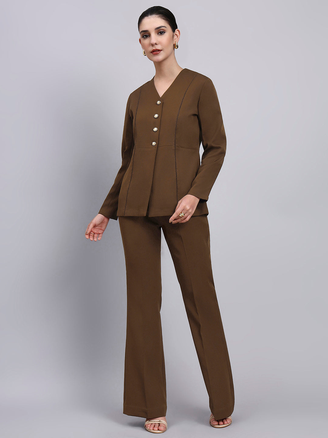 Tailored brown Co-Ord Set Featuring lace top with Flared Pants