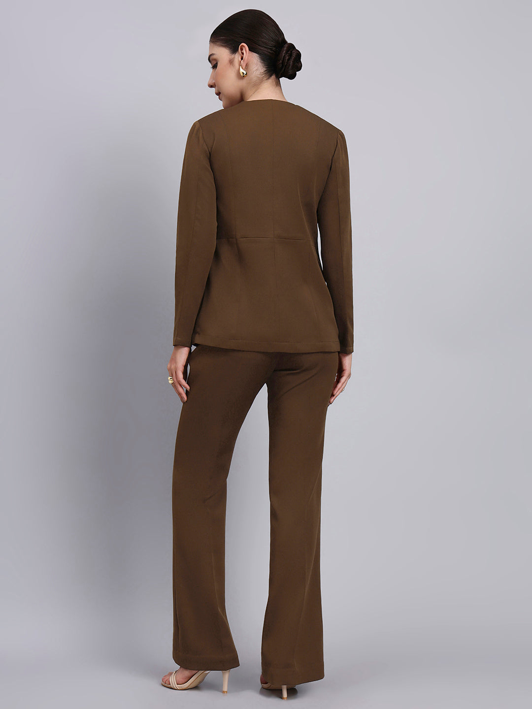 Tailored brown Co-Ord Set Featuring lace top with Flared Pants