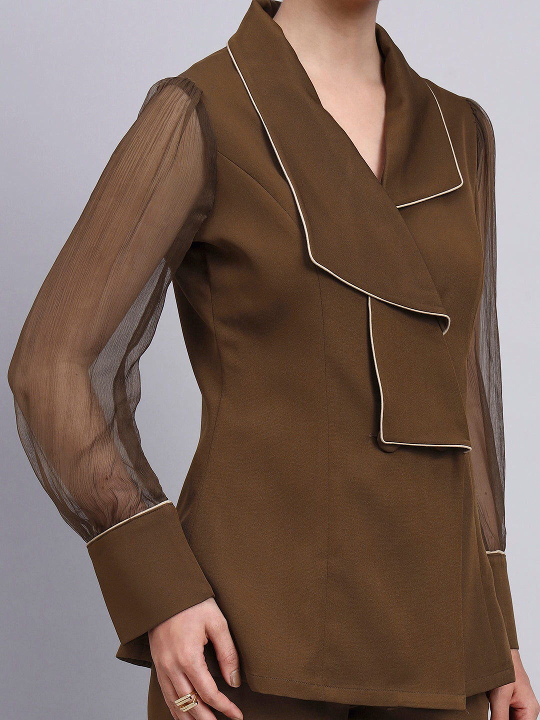 Tailored brown Co-Ord Set Featuring double collar top with contrast piping and Flared Pants