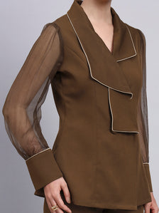 Tailored brown Co-Ord Set Featuring double collar top with contrast piping and Flared Pants