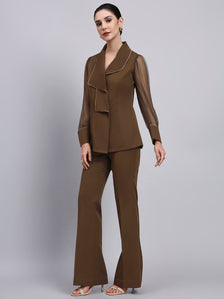 Tailored brown Co-Ord Set Featuring double collar top with contrast piping and Flared Pants
