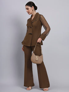 Tailored brown Co-Ord Set Featuring double collar top with contrast piping and Flared Pants
