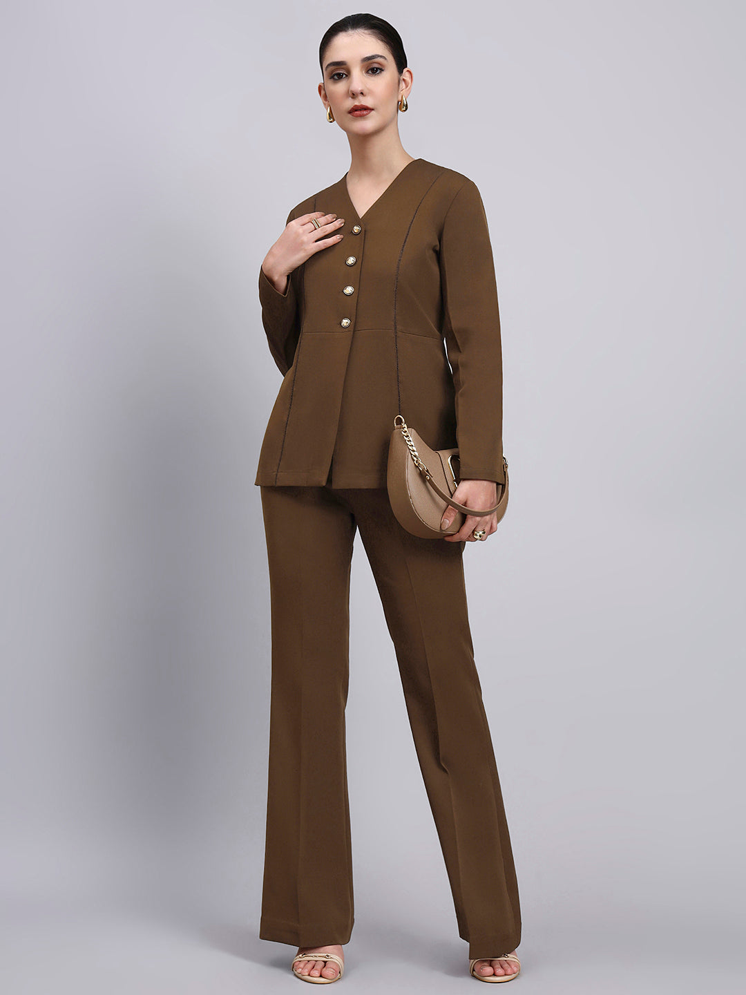 Tailored brown Co-Ord Set Featuring lace top with Flared Pants