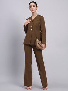 Tailored brown Co-Ord Set Featuring lace top with Flared Pants