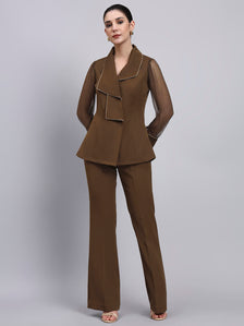 Tailored brown Co-Ord Set Featuring double collar top with contrast piping and Flared Pants