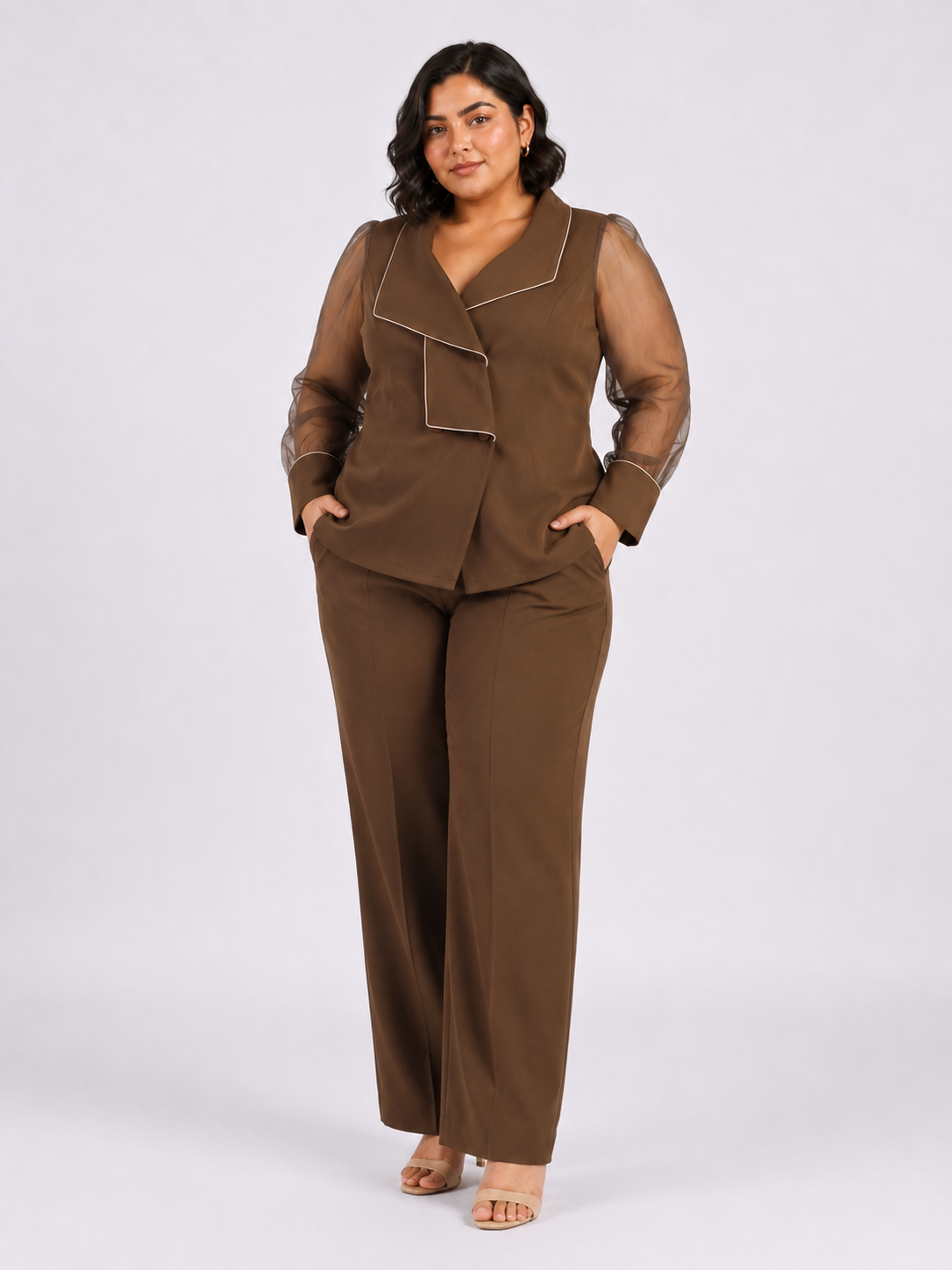 Women Brown Stretch Collared Co-Ord Set