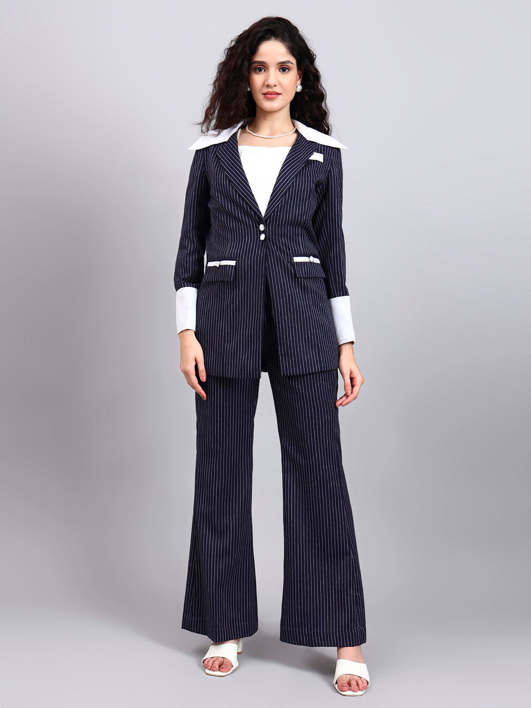Navy Blue Oversized Contrast Peak Collar Blazer