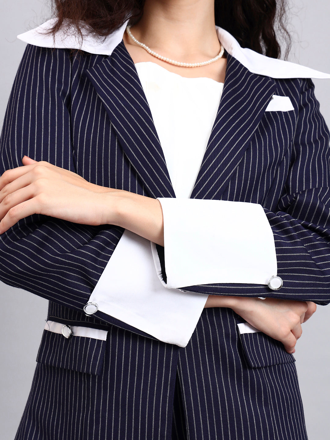 Navy Blue Oversized Contrast Peak Collar Blazer
