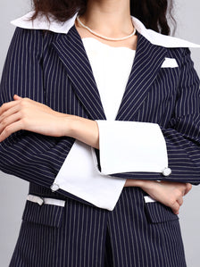 Navy Blue Oversized Contrast Peak Collar Blazer