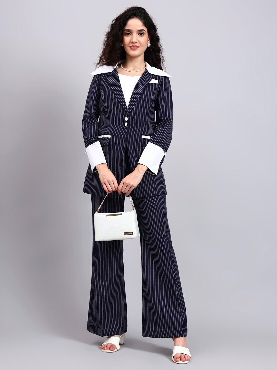 Navy Blue Oversized Contrast Peak Collar Blazer