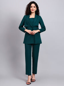 Chic Teal Green 3-Piece Set with Overplay Blazer, Camisole & Straight Trousers