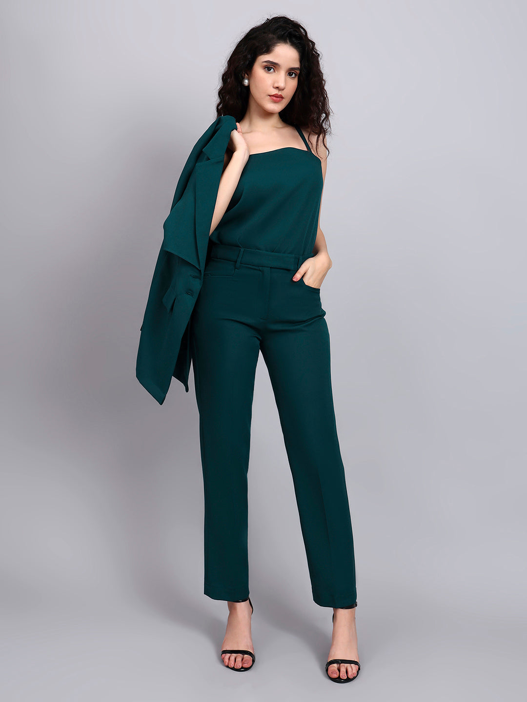 Chic Teal Green 3-Piece Set with Overplay Blazer, Camisole & Straight Trousers