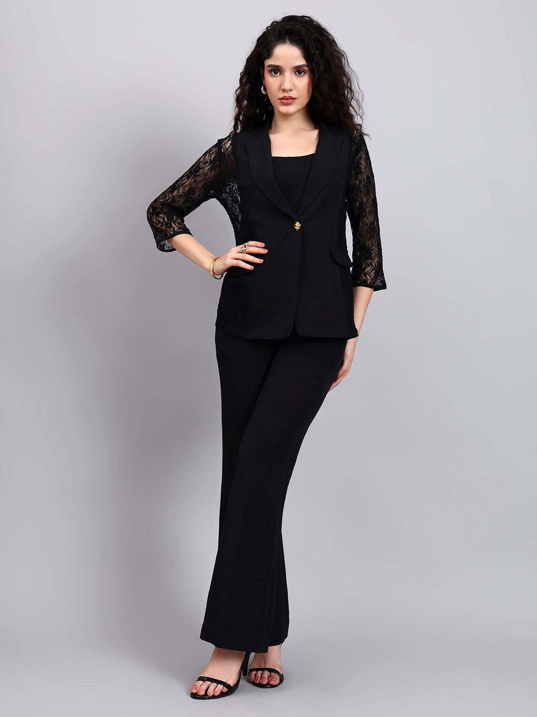 Black Lace Élan 3-Piece Co-Ord Set with Tailored Blazer, Camisole & Straight Trousers
