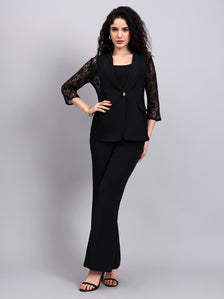 Black Lace Élan 3-Piece Co-Ord Set with Tailored Blazer, Camisole & Straight Trousers