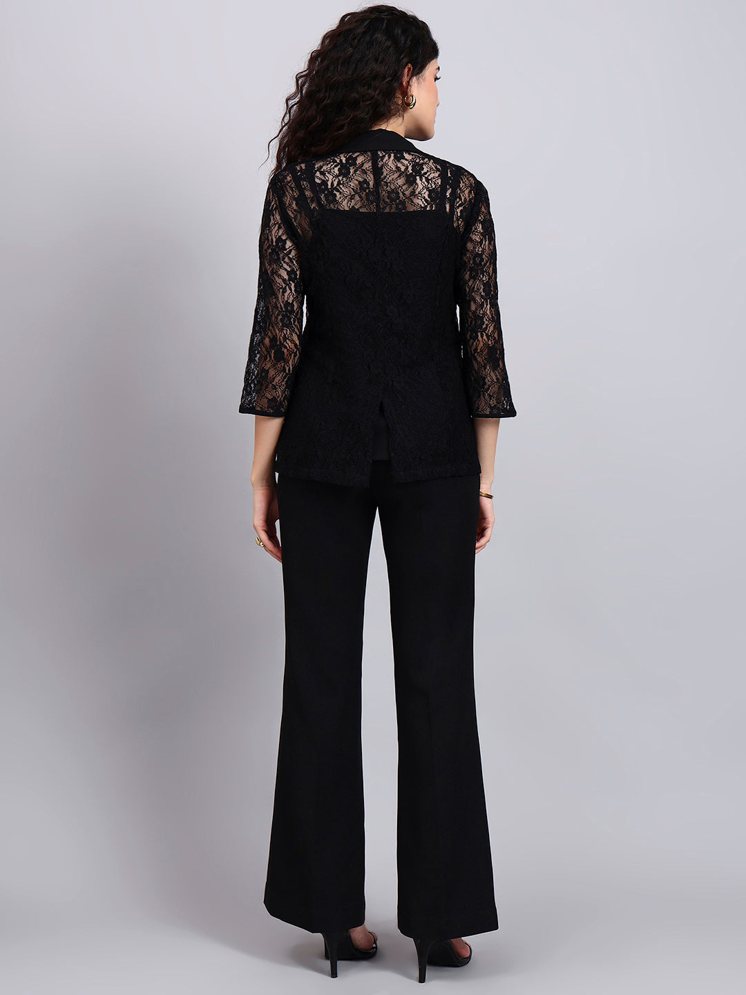 Black Lace Élan 3-Piece Co-Ord Set with Tailored Blazer, Camisole & Straight Trousers