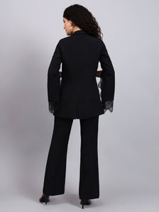 Black Swan 3-Piece Co-Ord Set with Tailored Lace-Trimmed Blazer, V-Neck Camisole, and Flared Trousers