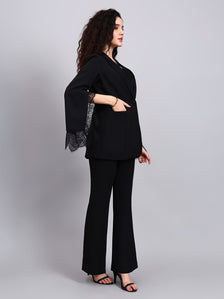 Black Swan 3-Piece Co-Ord Set with Tailored Lace-Trimmed Blazer, V-Neck Camisole, and Flared Trousers