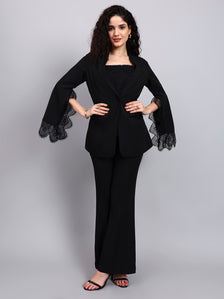 Black Swan 3-Piece Co-Ord Set with Tailored Lace-Trimmed Blazer, V-Neck Camisole, and Flared Trousers