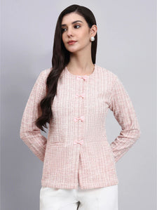 Baby pink Warm Tweed stretchable top with White Straight Fit Trousers