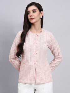 Baby Pink Textured Stretchable Top With Dainty Bow Closures Paired With Classic Regular Fit Mid-Rise Parallel Trousers