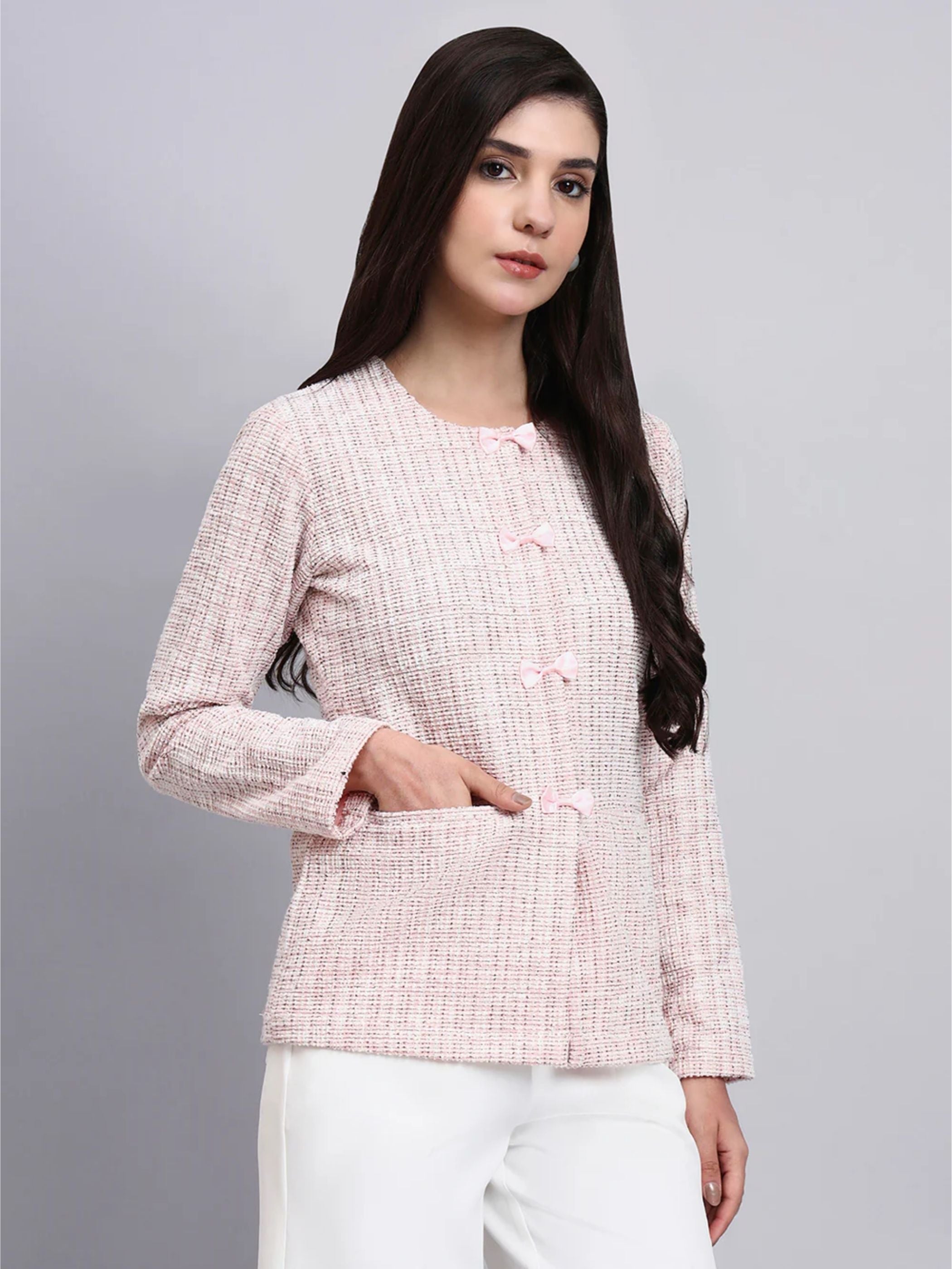 Baby pink Warm Tweed stretchable top with White Straight Fit Trousers