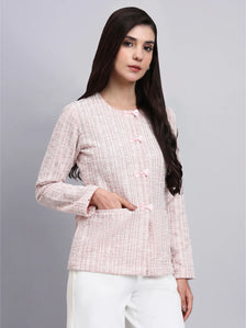 Baby pink Warm Tweed stretchable top with White Straight Fit Trousers
