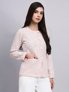 Baby Pink Textured Stretchable Top With Dainty Bow Closures Paired With Classic Regular Fit Mid-Rise Parallel Trousers