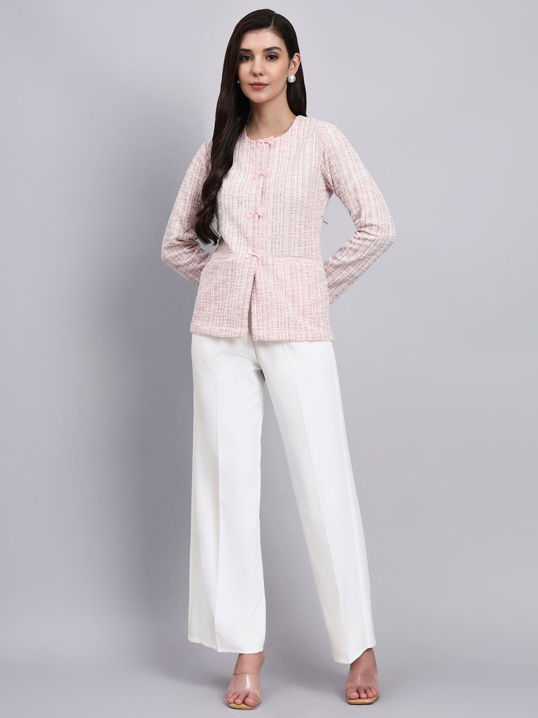 Baby Pink Textured Stretchable Top With Dainty Bow Closures Paired With Classic Regular Fit Mid-Rise Parallel Trousers