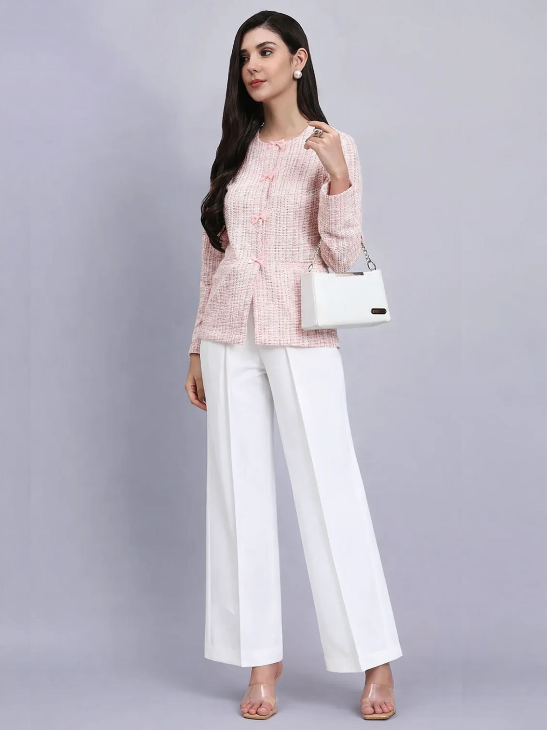 Baby pink Warm Tweed stretchable top with White Straight Fit Trousers