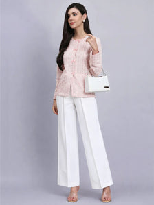 Baby pink Warm Tweed stretchable top with White Straight Fit Trousers