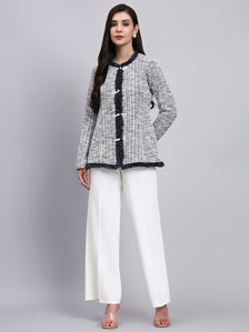 Chic Black and White Warm Tweed  stretchable top Paired With Classic Regular Fit Mid-Rise Parallel Trousers