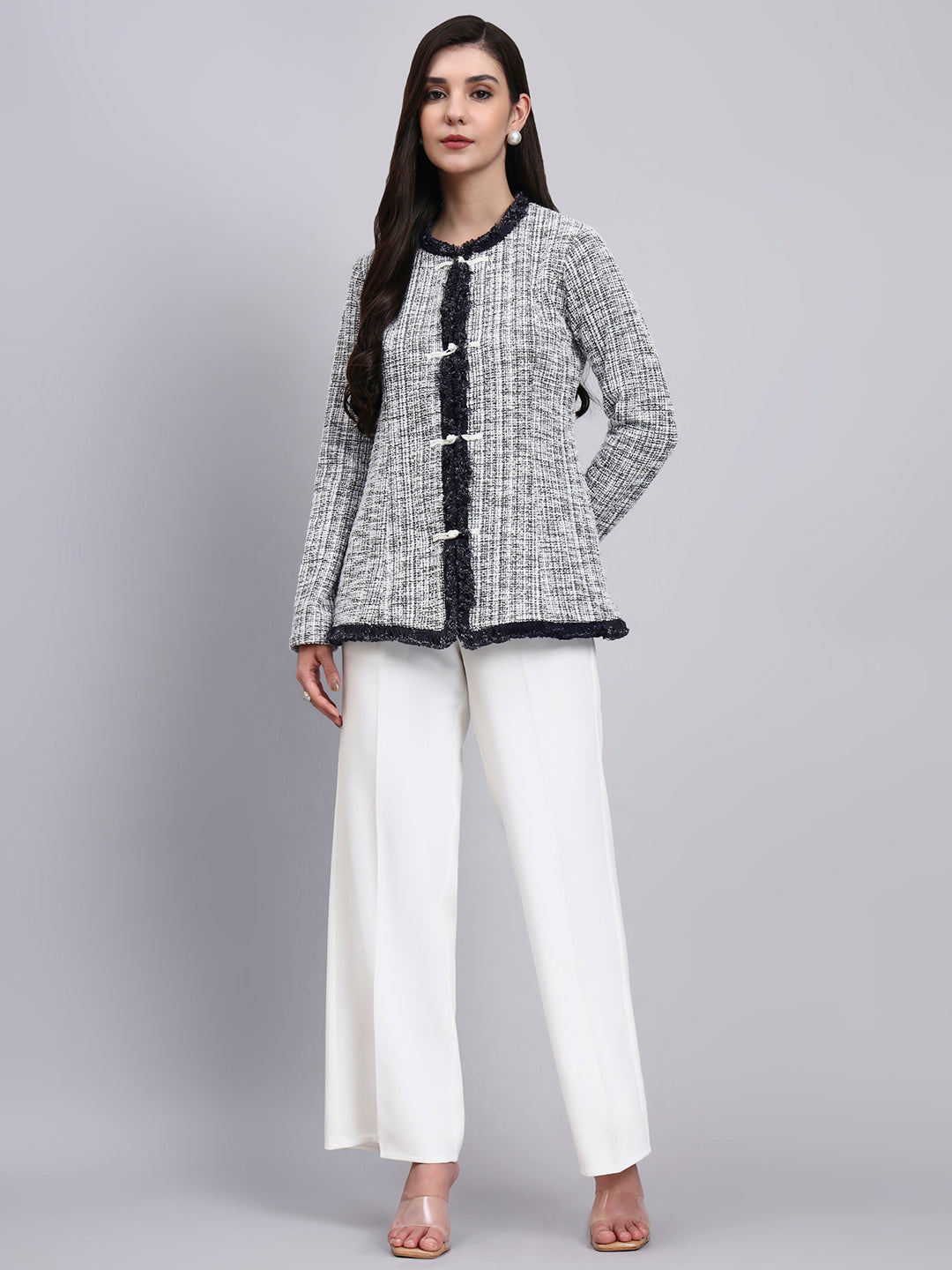 Women Black and White Warm Tweed Stretch top Paired With Classic White High-Rise Pleated Trousers