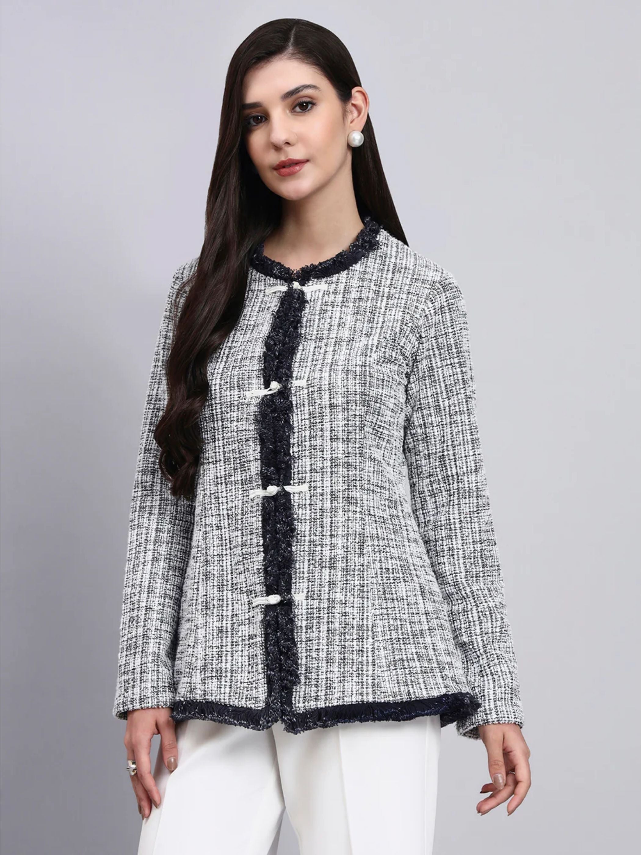 Chic Black and White Warm Tweed  stretchable top Paired With Classic Straight Fit High-Rise Pleated Trousers