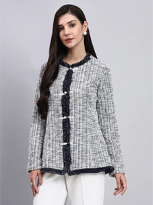 Chic Black and White Warm Tweed  stretchable top Paired With Classic Straight Fit High-Rise Pleated Trousers
