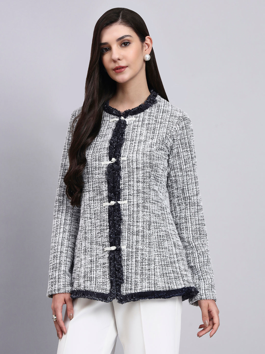 Chic Black and White Warm Tweed  stretchable top Paired With Classic Regular Fit Mid-Rise Parallel Trousers