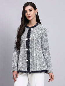 Chic Black and White Warm Tweed  stretchable top Paired With Classic Regular Fit Mid-Rise Parallel Trousers