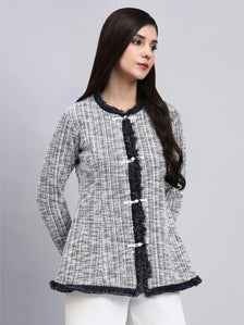 Chic Black and White Warm Tweed  stretchable top Paired With Classic Straight Fit High-Rise Pleated Trousers